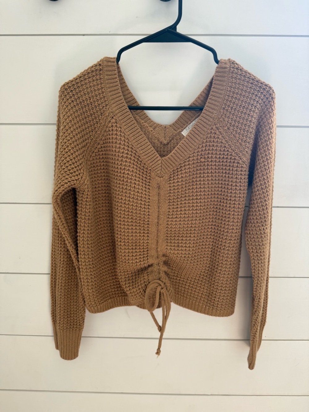 V-Neck Drawstring Knit Sweater in Camel